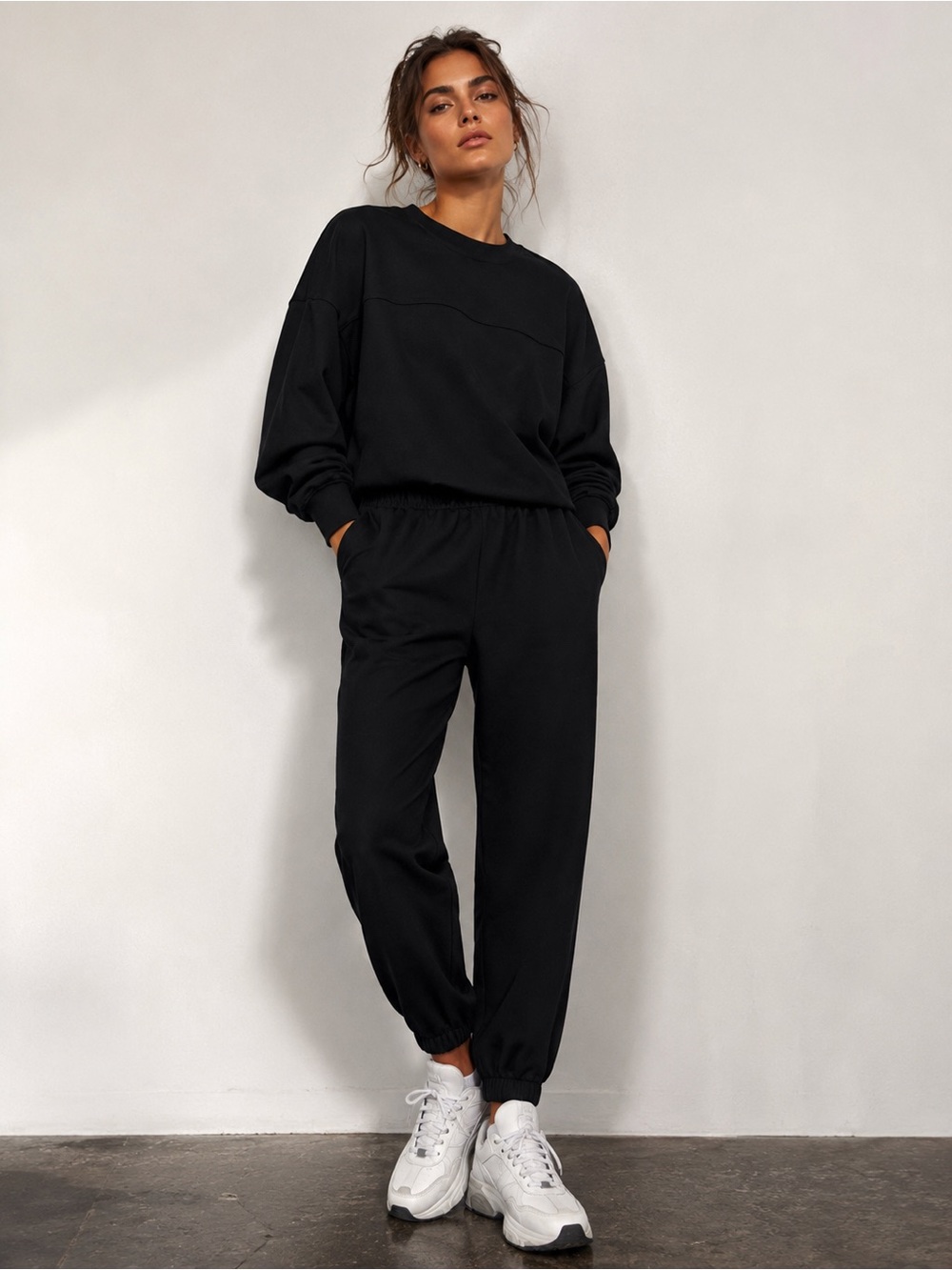 GAP Matching Black Fleece Sweat Set Small Crewneck Sweatshirt Jogger Pant